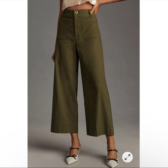 By Anthropologie Colette Cropped Wide Leg Linen-Blend Pants Green
